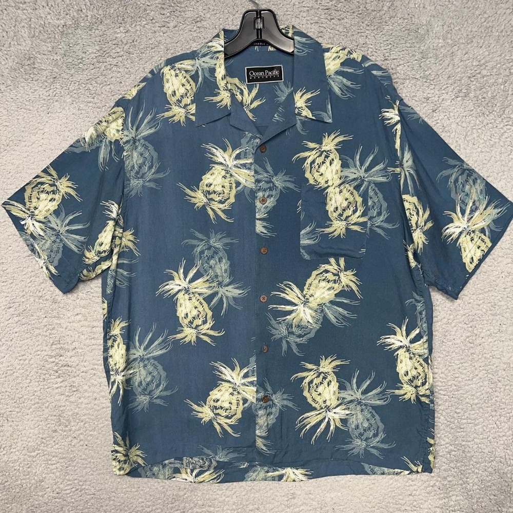 VTG Ocean Pacific OP‎ Shirt Men's Sz L Hawaiian 100% Silk Pineapple Short Sleeve